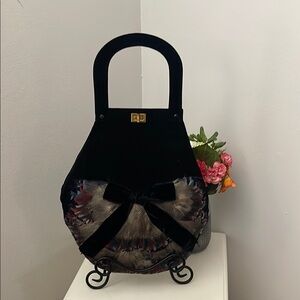 Vintage Black Velvet and Feather Women's Bag